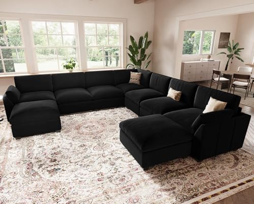Belffin Extra Large Modular Sectional Sofa, 4-Seater L Shaped Velvet Couch, Black A1471