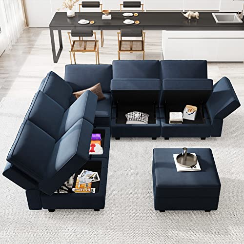Belffin Modular Velvet Sectional Sofa with Chaise Lounge and Storage, Grey T418154