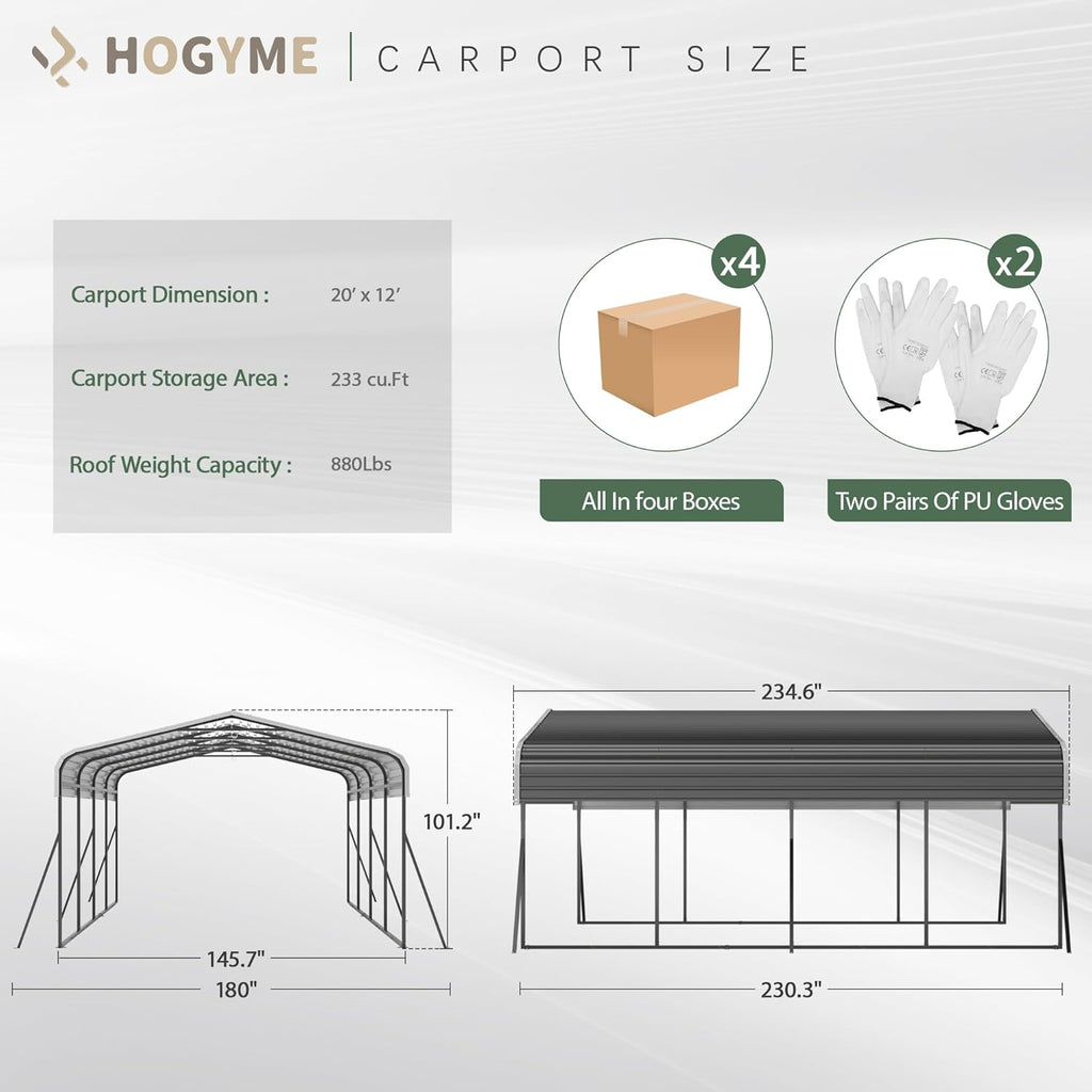 Carport 12x20 FT Heavy Duty Galvanized Steel Canopy for Car, Boat, Truck, Grey V55032