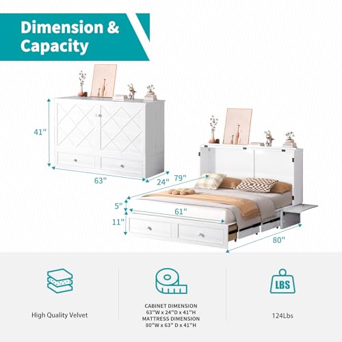 BALUS Murphy Bed Cabinet, 63" W Queen, Tri-fold Mattress, Cherry G595