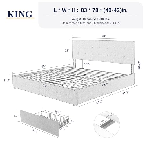 Allewie Upholstered Queen Platform Bed Frame with 4 Drawers and Headboard, Light Grey A922