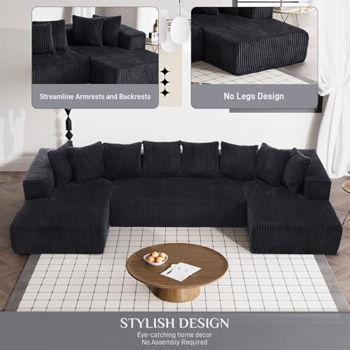 131" Modular Sectional Sofa Cloud Couch, Corduroy Memory Foam Black O10952