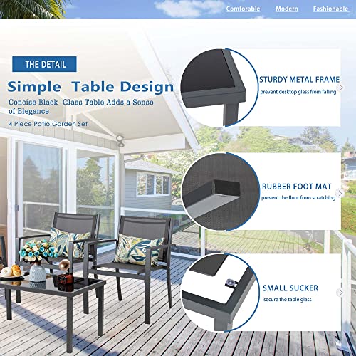 Vongrasig 4 Piece Patio Conversation Set with Glass Coffee Table, Black E428