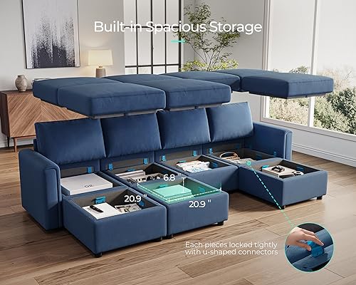 LINSY HOME Modular U Shaped Sectional Sofa with Storage, Blue M8981