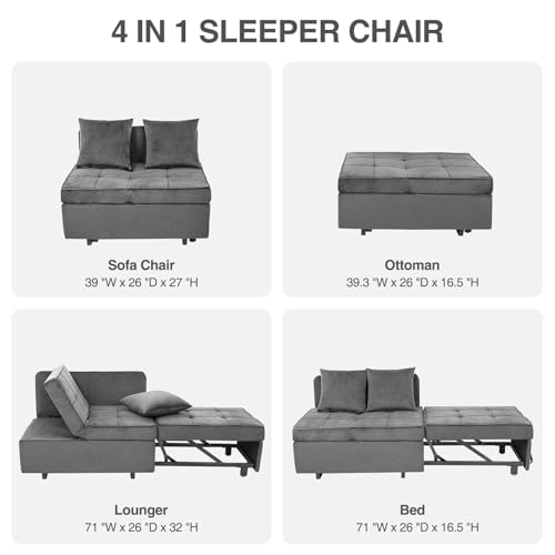 Velvet Convertible Sofa Bed Sleeper Chair with 2 Throw Pillows, Dark Grey U621331