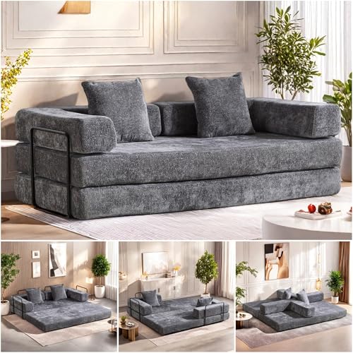 Convertible Floor Sofa Bed with Pillow Back and Armrest, Chenille, Dark Gray N4509