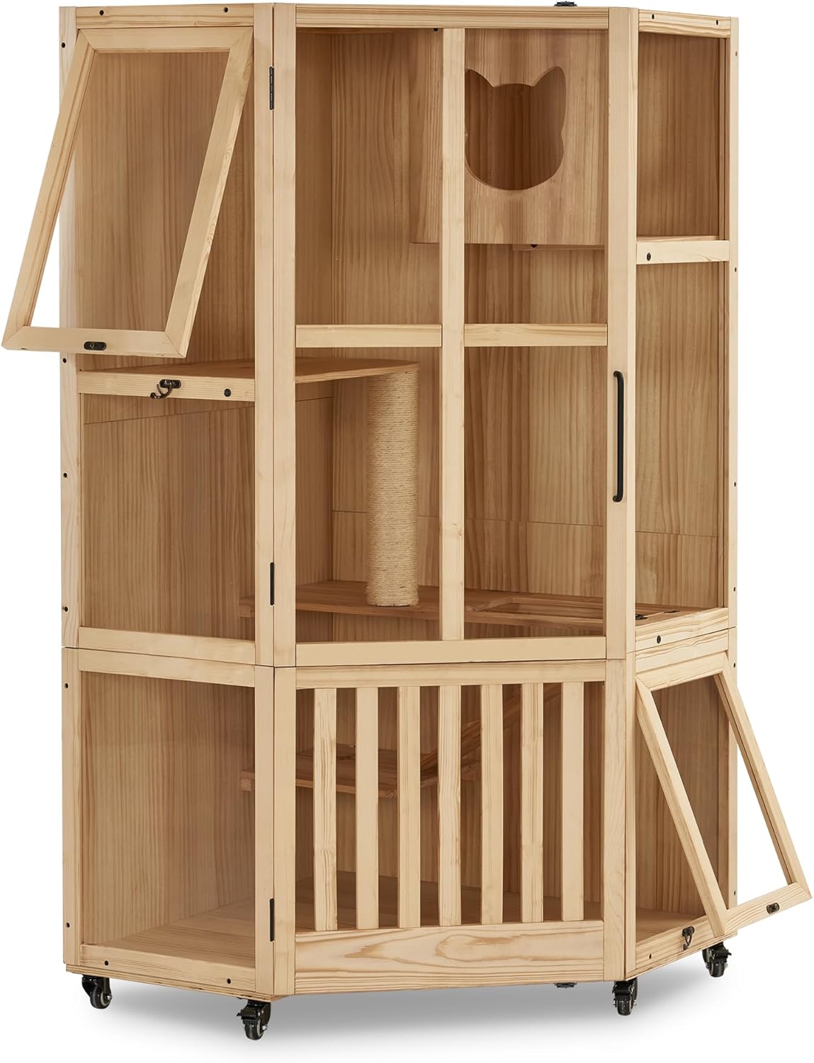 MCombo Large Corner Cat House Villa, Wooden Indoor Cat Enclosure with Scratching Post, Multi-Feature Enclosed Cat Cages with Escape Doors, Wood Cat Condo with Wheels CT96