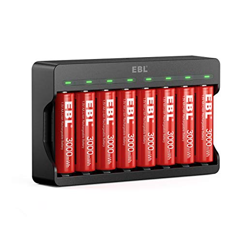 EBL 8 Pack Rechargeable Lithium AA Batteries, 1.5V 3000mWh Double a Batteries Long Lasting AA Li-ion Battery (8AA with Charger)