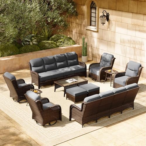 Luxury Patio Furniture Set 7PCS Wicker Conversation Set with Blue Cushions J5390