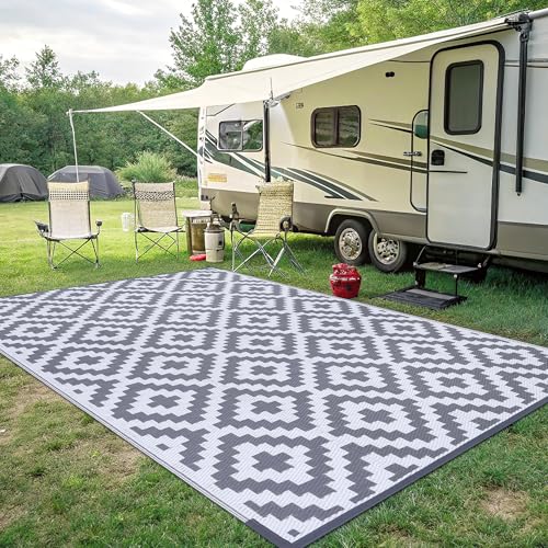 Smiry Waterproof Outdoor Rug 5x8 ft, Reversible Plastic Straw Patio Mat, Black & Beige P20186