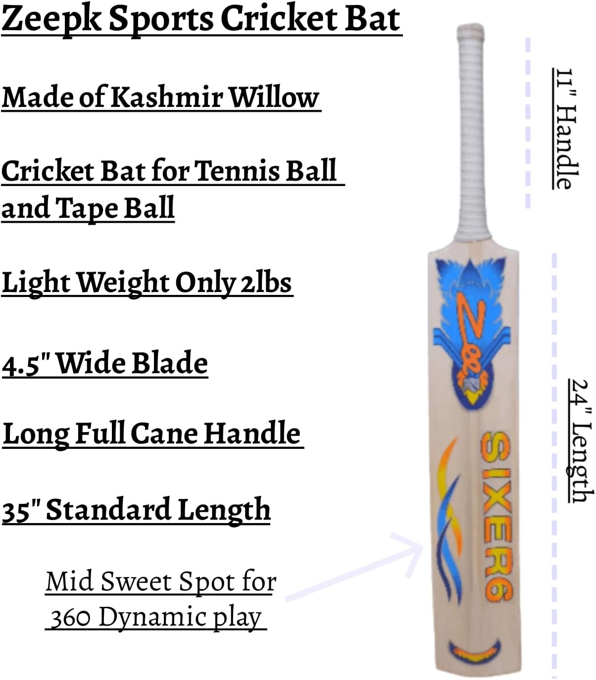 Zeepk SIXER6 Cricket Bat Tennis Ball Full Size 35" Kashmir Willow E57677