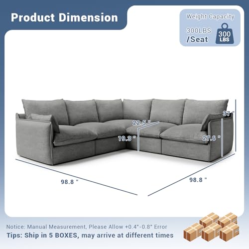 Cloud Modular Sectional Sofa, Waterproof Down Filled, High Backrest 5 Seater, Dark Gray J53470