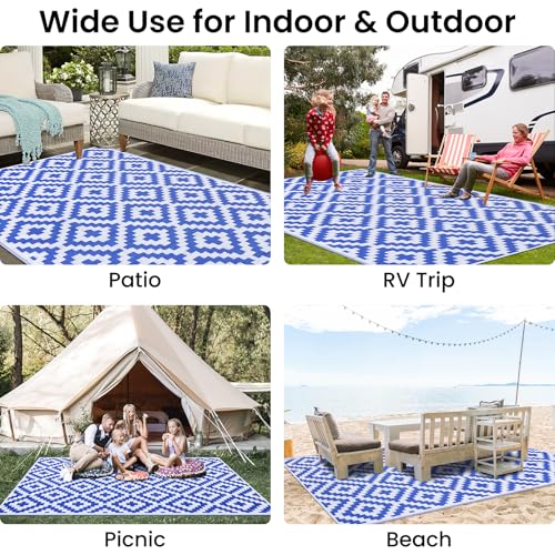 Smiry Waterproof Outdoor Rug 5x8 ft, Reversible Plastic Straw Patio Mat, Black & Beige P20186