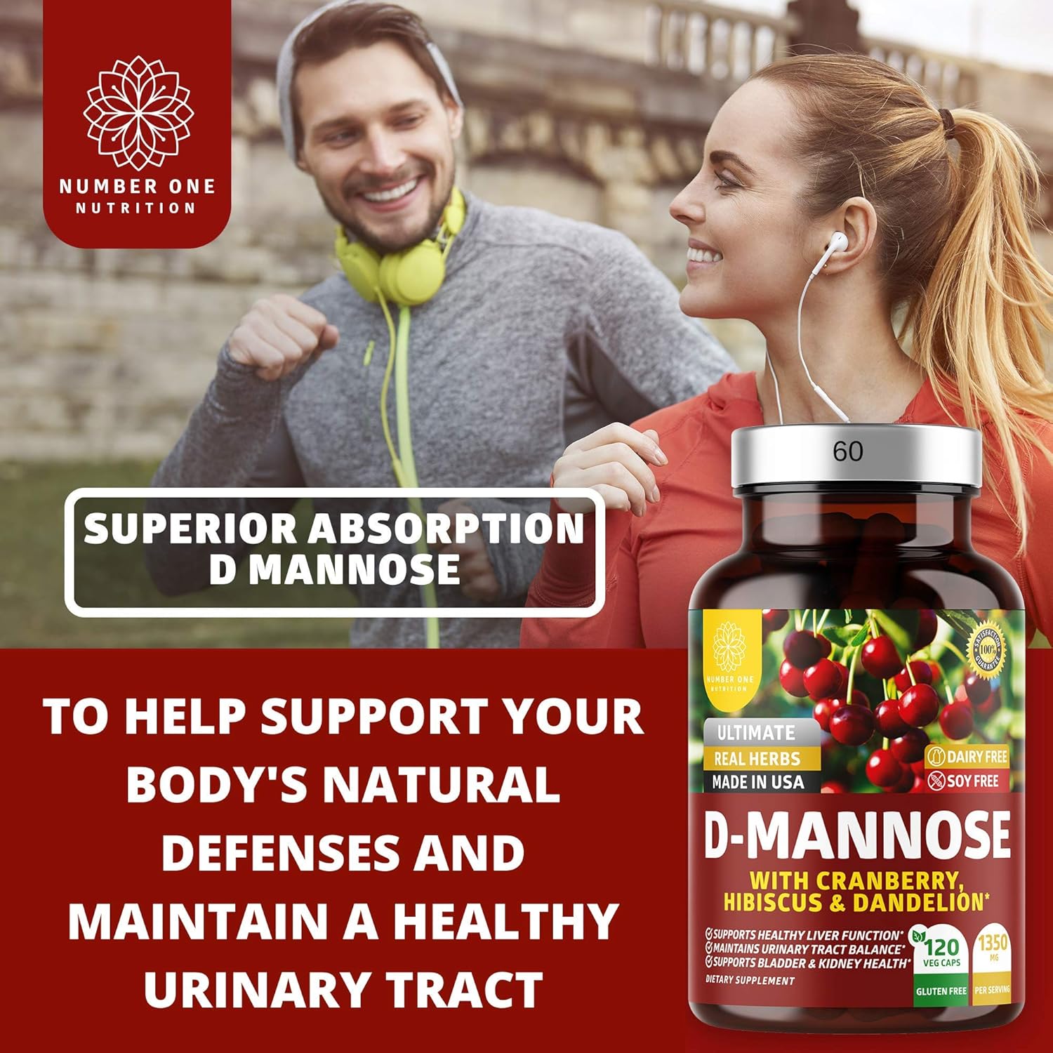 Number One Nutrition D Mannose with Cranberry and Hibiscus 1350mg, 120 Veg Caps L38211