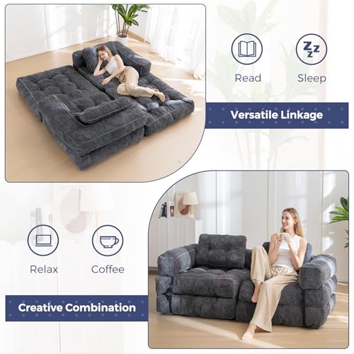 MAXYOYO Folding Sofa Bed L-Shaped Convertible Sleeper Couch with Pillow, Dark Grey X9070