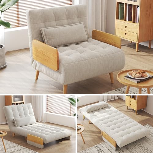 Convertible Chair Bed Sleeper for Adults with Wooden Arms, Linen G638
