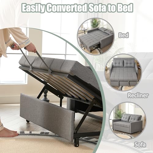52" Sleeper Sofa with Pull-Out Bed, 3-in-1 Convertible, Linen, Light Gray E80103