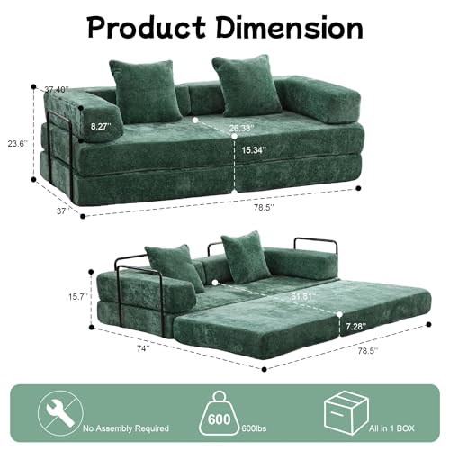 Convertible Floor Sofa Bed with Pillow Back and Armrest, Chenille, Dark Gray N4509