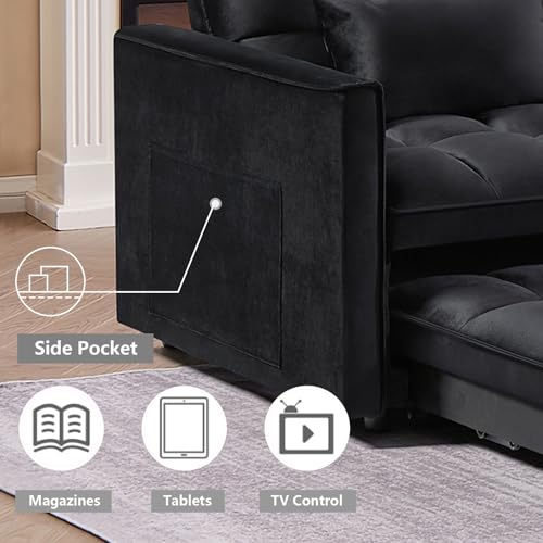 3 in 1 Convertible Sleeper Sofa Bed Futon with Adjustable Backrest, Velvet, Black Q74350