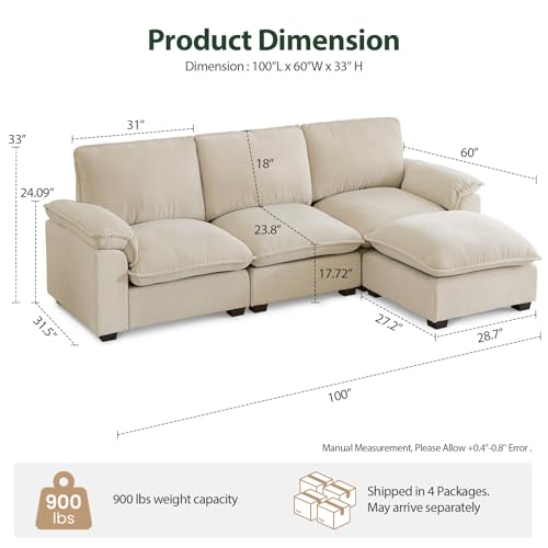 Cloud Couch Sectional L Shaped Modular Sofa Chenille Ivory Beige U4155