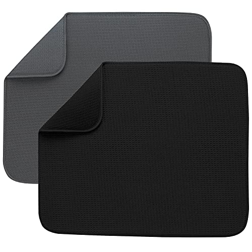 S&T INC. Dish Drying Mat, Highly Absorbent Microfiber Kitchen Counter Mat Value Pack, Dish Drying Pad for Dishes, Utensils, Pots and Pans, Large 16" x 18", Black Mesh and Charcoal Grey Mesh, 2 Pack
