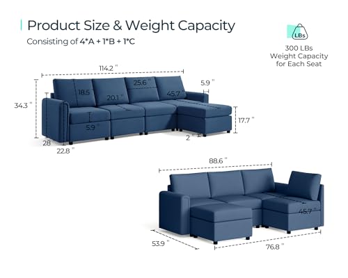 LINSY HOME Modular U Shaped Sectional Sofa with Storage, Blue M8981