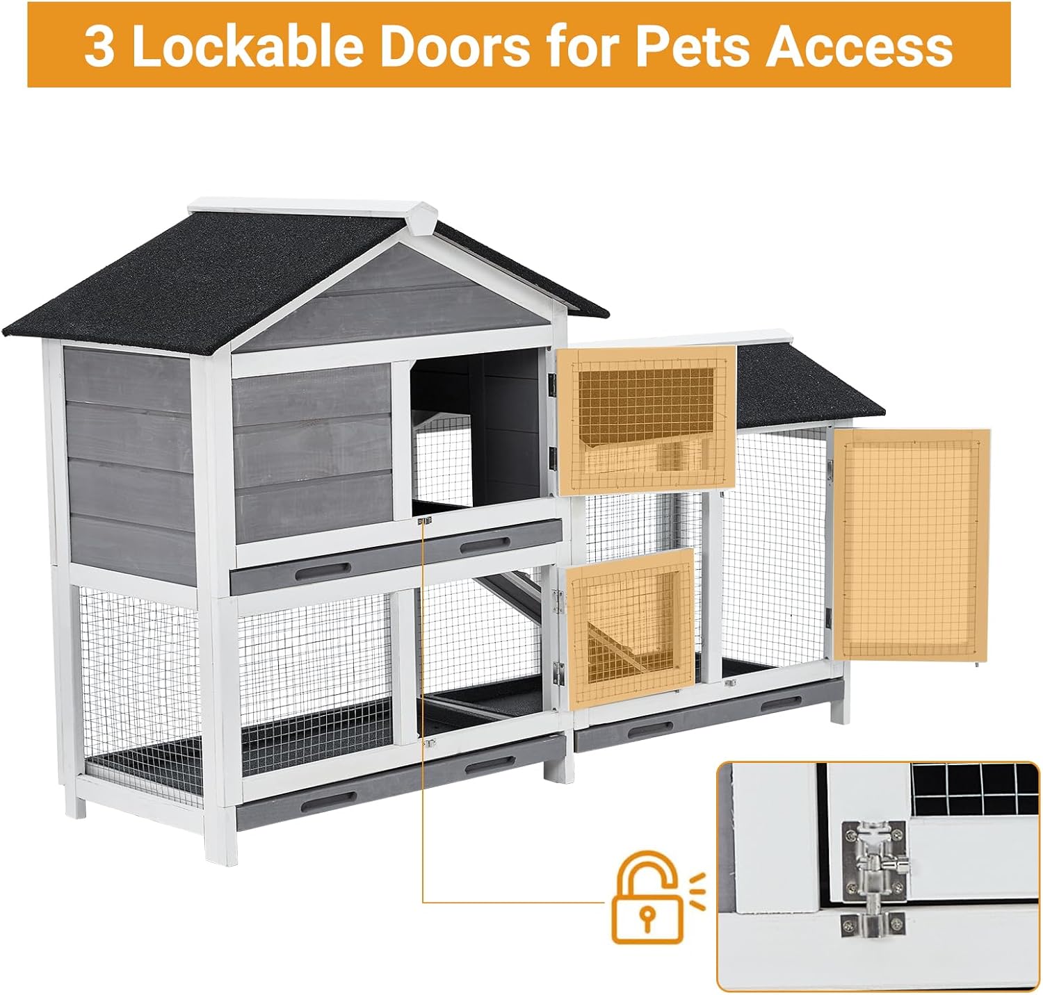 Gravee Two Floors 62" Wooden Waterproof Bunny Hutch Rabbit Cage with Stairs and Cleaning Tray M20193