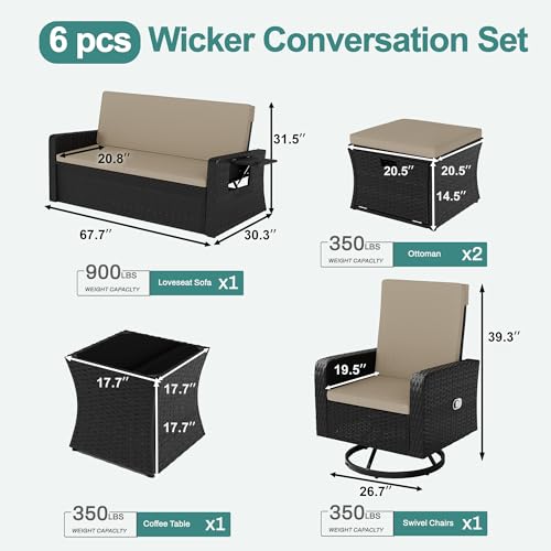 6 Piece Wicker Patio Furniture Set with Swivel Recline Chairs and Storage Ottoman X6280