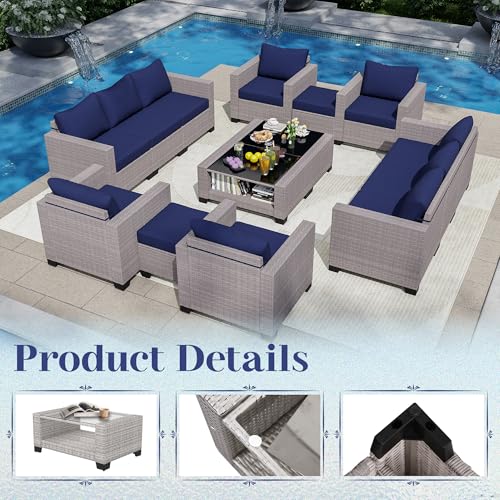 KIGOTY Patio Furniture Set 7 Pieces Outdoor Sectional Sofa with Cushions and Glass Coffee Table B60021