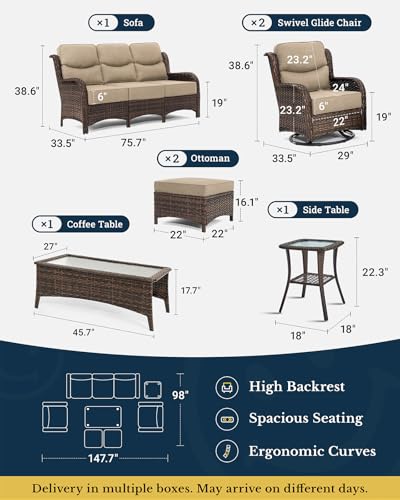 Luxury Patio Furniture Set 7PCS Wicker Conversation Set with Blue Cushions J5390