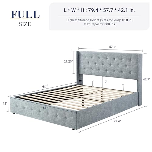Allewie Full Size Lift Up Storage Bed with Wingback Headboard, Light Beige C85153