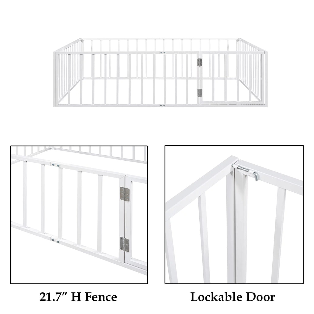 Bellemave Queen Metal Floor Bed with Fence Rails and Lockable Door, White N142