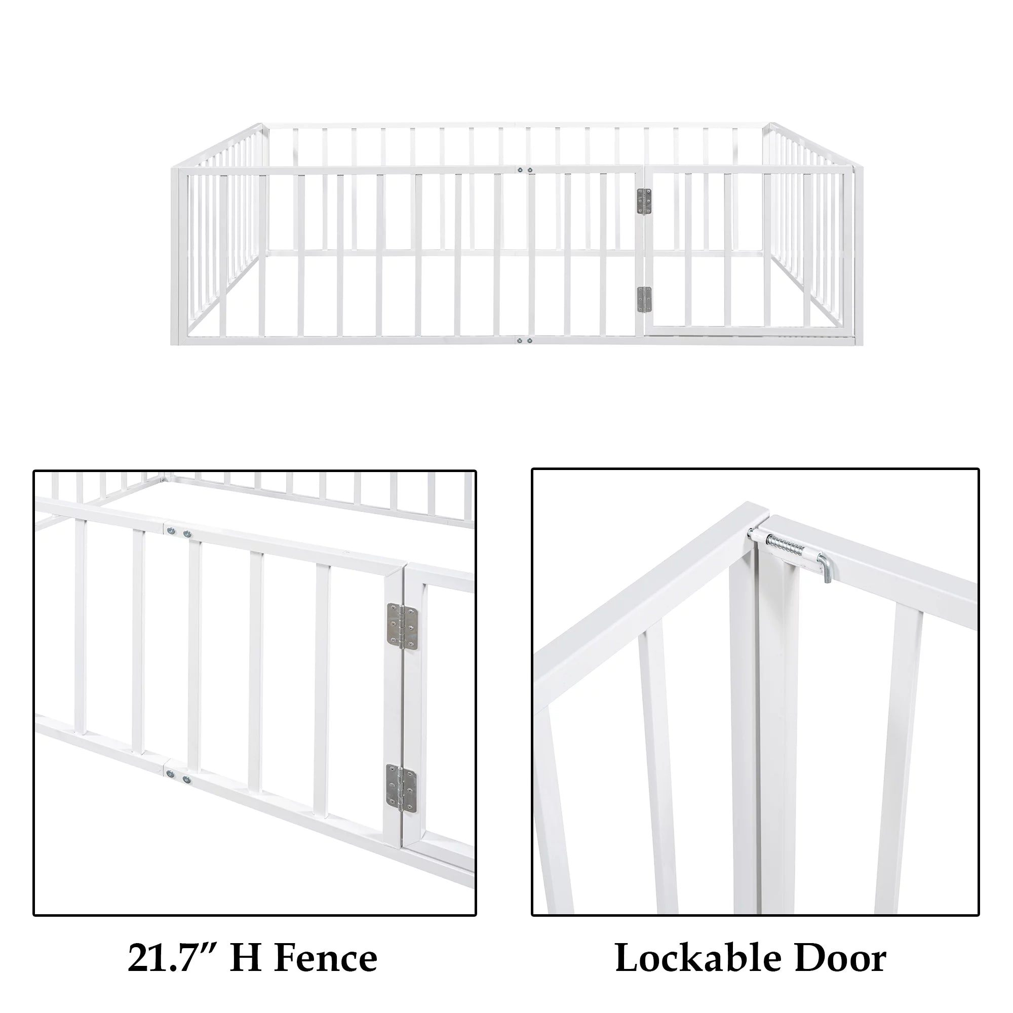 Bellemave Queen Metal Floor Bed with Fence Rails and Lockable Door, White N142