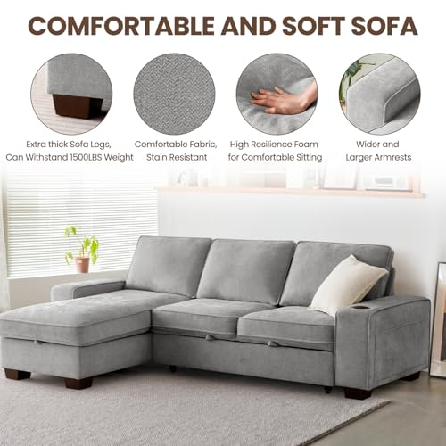 ASHOMELI 99" Convertible Sleeper Sofa Bed L Shaped with Storage Chaise, Gray Z77215