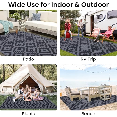 Smiry Waterproof Outdoor Rug 5x8 ft, Reversible Plastic Straw Patio Mat, Black & Beige P20186