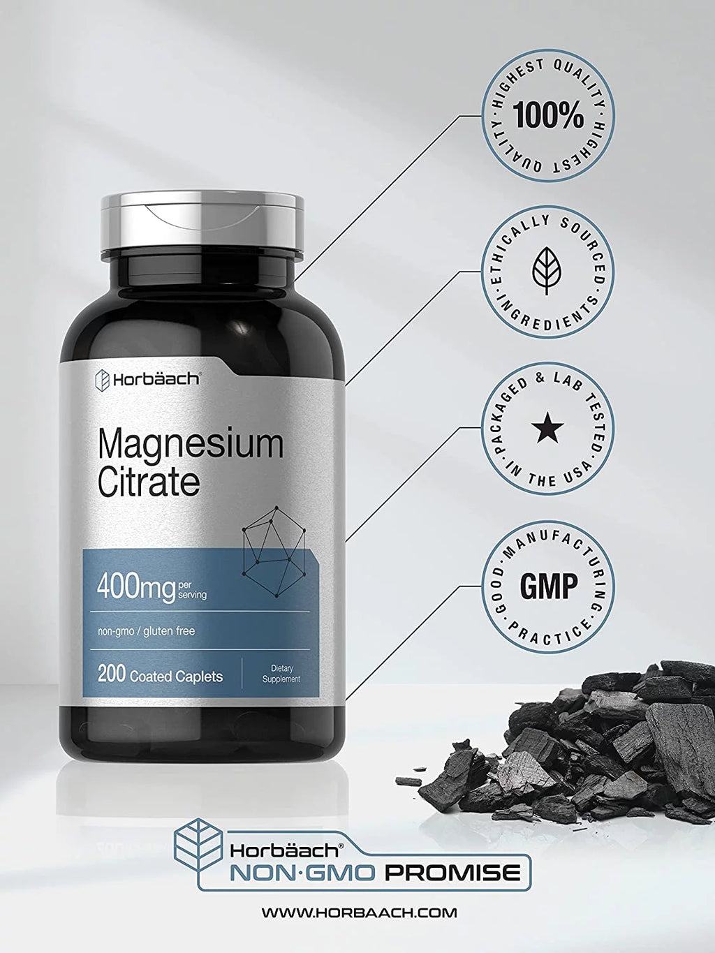 Horbaach Magnesium Citrate 400mg, 200 Caplets, Vegetarian Formula L80127