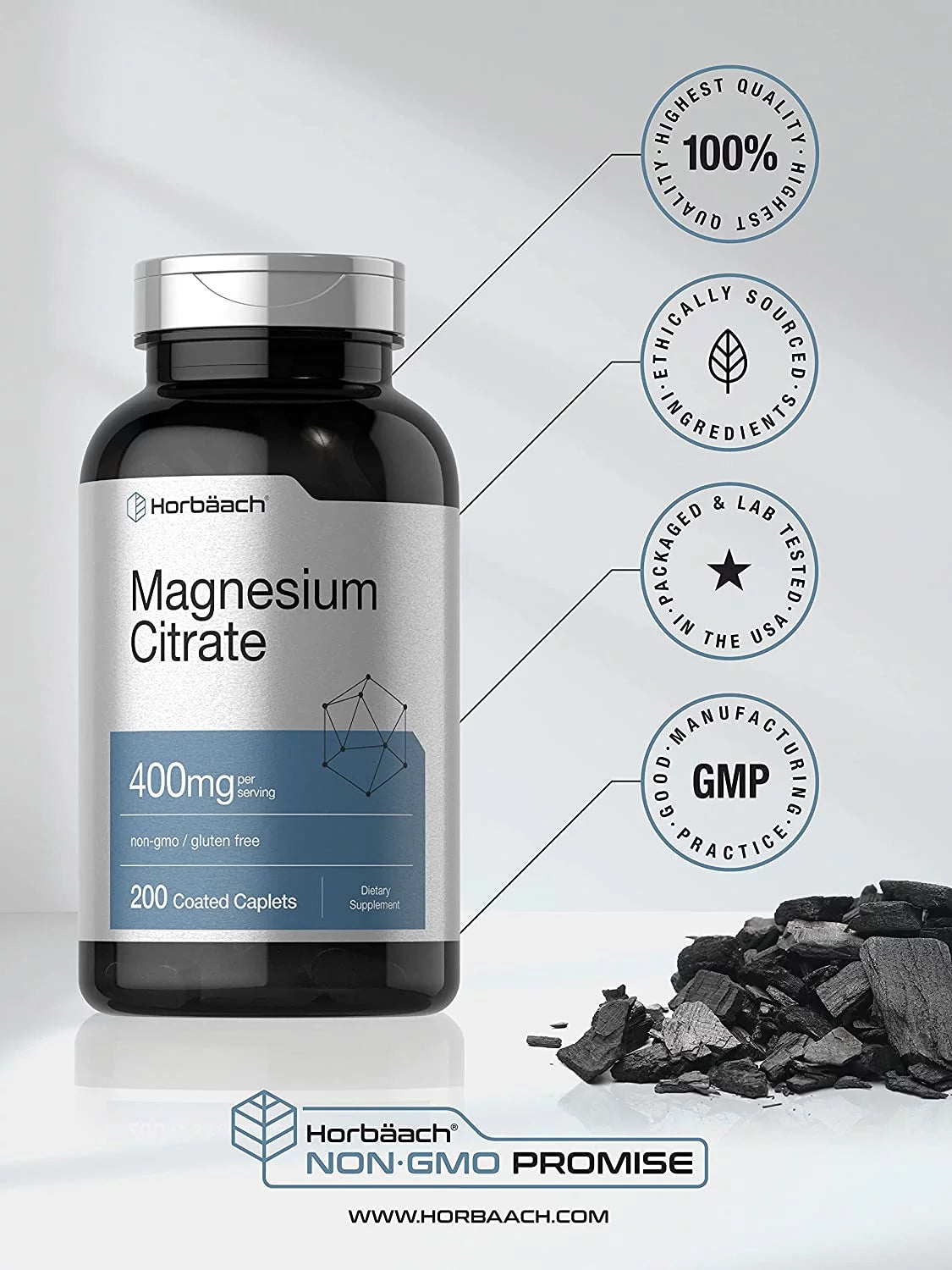 Horbaach Magnesium Citrate 400mg, 200 Caplets, Vegetarian Formula L80127