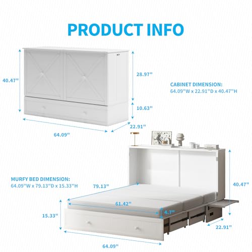 Mjkone Queen Size Murphy Bed with Tri-Folding Mattress and Charging Station N4725