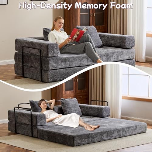 Convertible Floor Sofa Bed with Pillow Back and Armrest, Chenille, Dark Gray N4509
