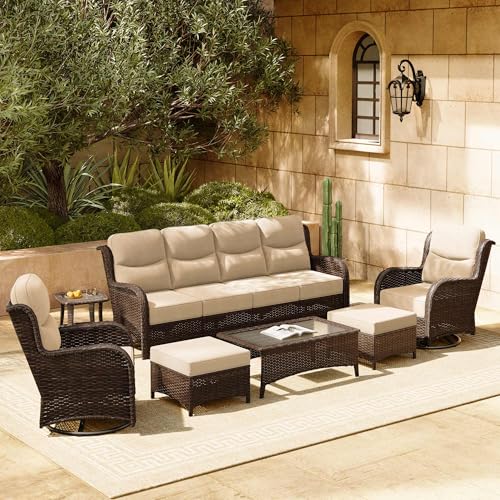 Luxury Patio Furniture Set 7PCS Wicker Conversation Set with Blue Cushions J5390