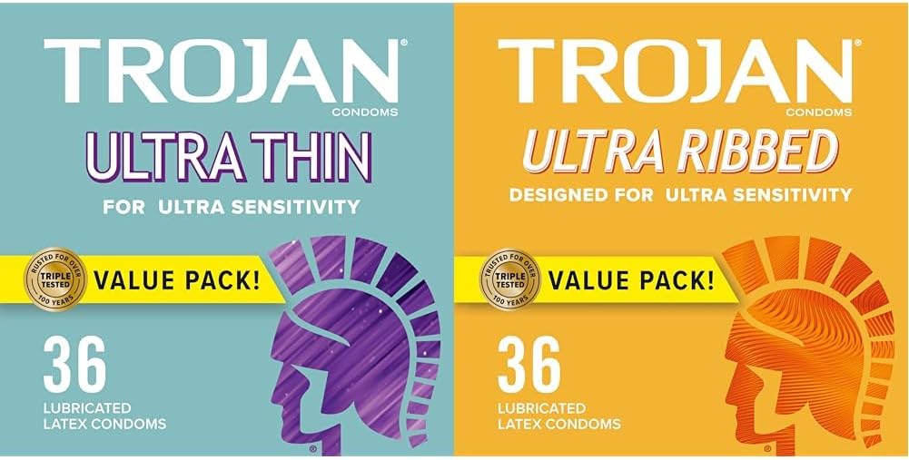 TROJAN Ultra Thin Condoms for Ultra Sensitivity, Lubricated Condoms for Men, America’s Number One Condom, 36 Count Value Pack & Ultra Ribbed Condoms for Ultra Stimulation, 36 Count, 1 Pack