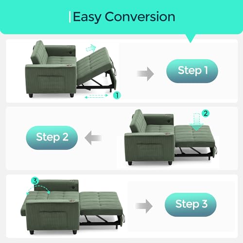 LINSY 3-in-1 Convertible Sofa Bed with Charging Station, Green E504001