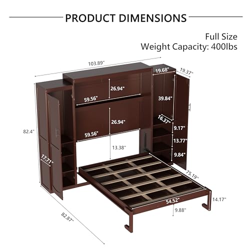 Polib Full Size Murphy Bed with Two Wardrobes and Storage Shelf, White S302797