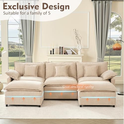 U Shaped Modular Sectional Sofa with Ottoman, Chenille, Black P2121