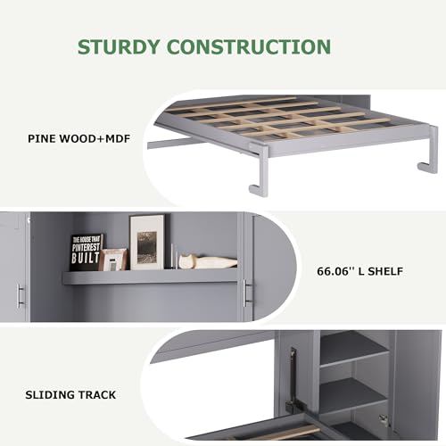 Polib Full Size Murphy Bed with Two Wardrobes and Storage Shelf, White S302797