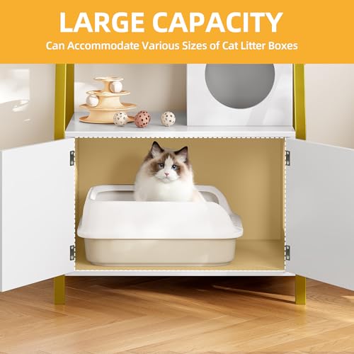 DWVO Cat Litter Box Enclosure with Shelves, Wooden Cat Cabinet, Gold White G890068