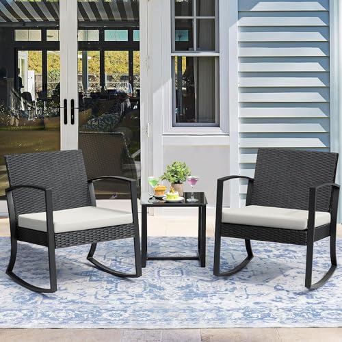 Homall 3 Piece Resin Outdoor Bistro Set with Cushions and Table, Black T139662