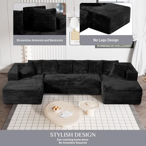 131" Modular Sectional Sofa Cloud Couch, Corduroy Memory Foam Black O10952