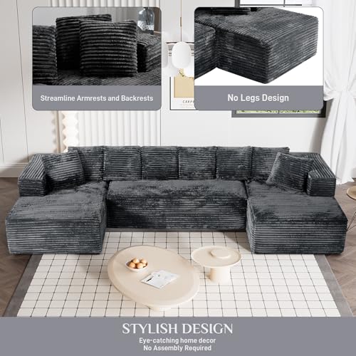 131" Modular Sectional Sofa Cloud Couch, Corduroy Memory Foam Black O10952