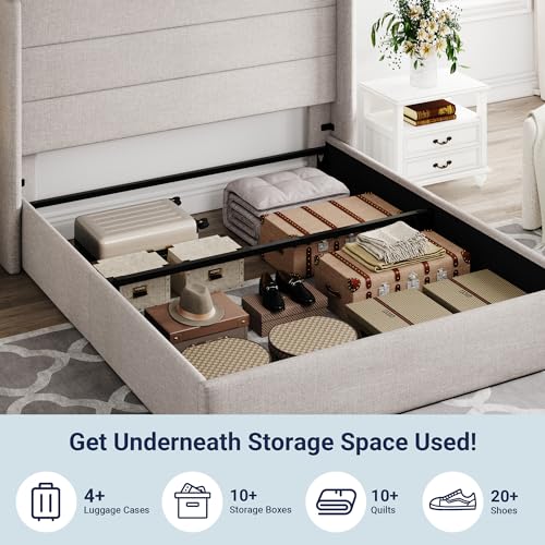 Allewie Full Size Lift Up Storage Bed with Wingback Headboard, Light Beige C85153